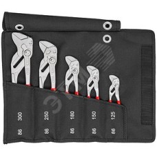 Набор переставныеавных клещей-гаечных ключей 86 03 XXX в чехле-скрутке из полиэстера 5 предметов L-125/150/180/250/300 мм Cr-V хромированные обливные рукоятки