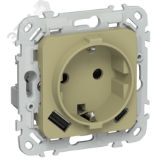 FLITE Розетка 1-местная с заземлением с защитными шторками 16А с USB A+C 20Вт РСЮшс11-0-ФлО оливковый IEK