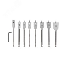 Набор сверл перовых по дереву 9 предметов: 14-16-18-20-22-25-30х152 мм, удлинитель, ключ угловой