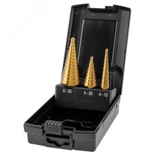 Набор сверл ступенчатых, 3 предмета, HSS TiN, Gr,1,2,3, 4-12, 4-20, 6-30 мм, прямая канавка, трехплоскостной хвостовик