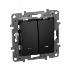 Выключатель 2-клавишный проходной с подсветкой/индикацией 10А безвинтовое крепление антрацит ETIKA