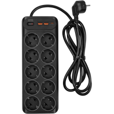 Сетевой фильтр-удлинитель/ PowerCom SP-10 USB2A1CB 3.0M, 10 розеток, черный, 16А, 4кВт, 204Дж, защитные шторки, защита от КЗ, перегрузки и импульсных помех, один порт USB-C(PD20W) и два USB-A(QC3.0) суммарной мощностью 15Вт, кабель 3x1.5 мм2, ШхГхВ 268х10