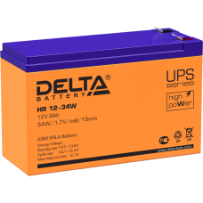 Батарея DELTA серия HR-W, HR 12-34 W, напряжение 12В, емкость 9Ач (разряд 20 часов),  макс. ток разряда (5 сек.) 160А, макс. ток заряда 2.7А, свинцово-кислотная типа AGM, клеммы F2, ДxШxВ 151х65х94мм., вес 2.62кг., срок службы 8 лет./ Battery DELTA series