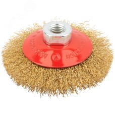 Кордщетка-колесо с наклоном, гайка М14, стальная волнистая латунированная проволока 100 мм