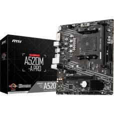 Материнская плата/ MB MSI AMD A520 sAM4, 2xDDR4(64GB), DVI-D/HDMI 2.1, 1xPCIe 3.0x16, 1xPCIe 3.0, 1xLAN, 4xSATA 6Gb/s, 1xM.2, 4xUSB 3.2, 2xUSB 2.0, 1xPS/2, mATX