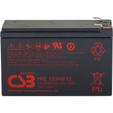 Батарея CSB серия HRL, HRL1234W F2 FR, напряжение 12В, емкость 8.5Ач (разряд 20 часов), 34 Вт/Эл при 15-мин. разряде до U кон. - 1.67 В/Эл при 25 °С, макс. ток разряда (5 сек.) 130А, ток короткого замыкания 367А, макс. ток заряда 3.4A, свинцово-кислотная 