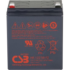 Батарея CSB серия HR, HR1221W F2, напряжение 12В, емкость 5Ач (разряд 20 часов), 21 Вт/Эл при 15-мин. разряде до U кон. - 1.67 В/Эл при 25 °С, макс. ток разряда (5 сек.) 90А, ток короткого замыкания 249А, макс. ток заряда 2.1A, свинцово-кислотная типа AGM