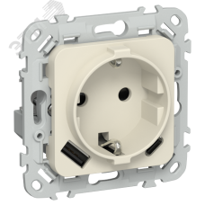 FLITE Розетка 1-местная с заземлением с защитными шторками 16А с USB A+C 20Вт безвинтовое крепление РСЮшс11-1-ФлСл сливочный IEK