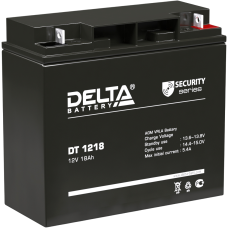 Батарея DELTA серия DT, DT 1218, напряжение 12В, емкость 18Ач (разряд 20 часов),  макс. ток разряда (5 сек.) 250А, макс. ток заряда 5.4А, свинцово-кислотная типа AGM, клеммы под гайку и болт M6, ДxШxВ 181х77х160мм., вес 5.2кг., срок службы 5 лет./ Battery