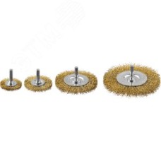 Набор щеток дисковых для дрели, витая стальная латунированная проволока 0,3мм, 4 шт ''Профессионал''.