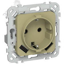 FLITE Розетка 1-местная с заземлением с защитными шторками 16А с USB A+A 3,1А РСЮша11-0-ФлО оливковый IEK