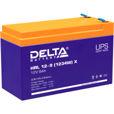 Батарея DELTA серия HRL-X, HRL 12-9 X, напряжение 12В, емкость 9Ач (разряд 10 часов),  макс. ток разряда (5 сек.) 135А, макс. ток заряда 2.7А, свинцово-кислотная типа AGM, клеммы F2, ДxШxВ 151х65х94мм., вес 2.55кг., срок службы 12 лет./ Battery DELTA seri
