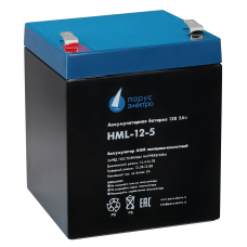Battery Parus Electro, professional series HML-12-5, voltage 12V, capacity 5.2Ah (discharge 20 hours), max. discharge current (5sec) 75A, max. charge current 2A, lead-acid type AGM, terminals F2, LxWxH 90x70x101mm., total height with terminals 107mm., wei