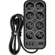 Фильтр-удлинитель PowerCom SP-08 USB03AB 1.8M, 8 розеток, черный, 16А, 4кВт, 175Дж, 3*USB, защитные шторки, защита от КЗ, перегрузки, ВЧ и импульсных помех, кабель 3x1 мм2, ШхГхВ 230х105х45 мм, вес 0.55 кг./ Surge protector PowerCom SP-08 USB03AB 1.8M, 8 