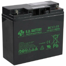Батарея B.B. Battery серия BC, BC17-12, напряжение 12В, емкость 17Ач (разряд 20 часов), макс. ток разряда (5 сек.) 255А, макс. ток заряда 5.1A, свинцово-кислотная типа AGM, клеммы B1, ДxШxВ 181x76x166мм., вес 5.62кг., срок службы 5-7 лет/ B.B. Battery ser