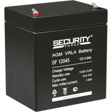 Батарея SECURITY FORCE серия SF, SF 12045, напряжение 12В, емкость 4.6Ач (разряд 20 часов),  макс. ток разряда (5 сек.) 60А, макс. ток заряда 1.35А, свинцово-кислотная типа AGM, клеммы F1, ДxШxВ 90х70х101мм., вес кг., срок службы 3-5 лет./ Battery SECURIT
