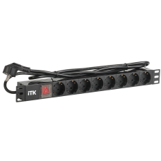 ITK PDU 8 розеток DIN49440 (нем. cтанд.) с LED выключателем, 1U, шнур 2м вилка DIN49441 (нем. станд.), алюминиевый профиль, черный
