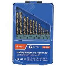 Набор сверл по металлу с кобальтом 5% в металлической коробке, 1.5-6.5 мм (через 0.5мм + 3.2мм, 4.8мм), 13 шт, Cutop Profi