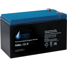 Battery Parus Electro, professional series HML-12-9, voltage 12V, capacity 9Ah (discharge 20 hours), max. discharge current (5sec) 135A, max. charge current 3.6A, lead-acid type AGM, terminals F2, LxWxH 151x65x94mm., total height with terminals 101mm., we