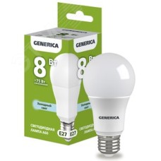 Лампа светодиодная A60 груша 8Вт 230В 6500К E27 GENERICA
