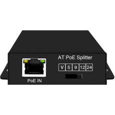 PoE-сплиттер Gigabit Ethernet/ PoE-сплиттер 2,5G выбором выходного напряжения 5/9/12/24V. Соответствует стандартам PoE IEEE 802.3af/at. Предназначен для питания сетевого оборудования без поддержки PoE. Вход - RJ45(10/100/1000/2.5G Base-T) IEEE 802.3af/at/