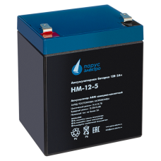 Battery Parus Electro, standard series HM-12-5, voltage 12V, capacity 5Ah (discharge 20 hours), max. discharge current (5sec) 75A, max. charge current 2A, lead-acid type AGM, terminals F2, LxWxH 90x70x101mm., total height with terminals 107mm., weight 1.8