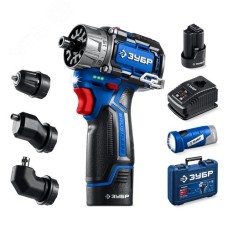 Набор, дрель-шуруповерт модульная, LED фонарь, КОМБИ 4, BRUSHLESS, 12 В, 45 Н·м, 2 АКБ тип Т7 2 А·ч, кейс, Профессионал