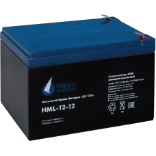 Battery Parus Electro, professional series HML-12-12, voltage 12V, capacity 12Ah (discharge 20 hours), max. discharge current (5sec) 180A, max. charge current 4.8A, lead-acid type AGM, terminals F2, LxWxH 151x98x95mm., full height with terminals 101mm., w