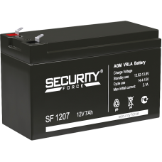 Батарея SECURITY FORCE серия SF, SF 1207, напряжение 12В, емкость 7Ач (разряд 20 часов),  макс. ток разряда (5 сек.) 60А, макс. ток заряда 2.1А, свинцово-кислотная типа AGM, клеммы F1, ДxШxВ 151х65х95мм., вес кг., срок службы 3-5 лет./ Battery SECURITY FO