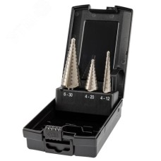 Набор сверл ступенчатых, 3 предмета, HSS, Gr 1,2,3, 4-12, 4-20, 6-30 мм, прямая канавка, трехплоскостной хвостовик