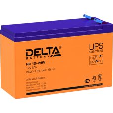 Батарея DELTA серия HR-W, HR 12-24 W, напряжение 12В, емкость 6Ач (разряд 20 часов),  макс. ток разряда (5 сек.) 90А, макс. ток заряда 1.8А, свинцово-кислотная типа AGM, клеммы F2, ДxШxВ 151х52х94мм., вес 2.18кг., срок службы 8 лет./ Battery DELTA series 