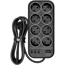 Фильтр-удлинитель PowerCom SP-08 USB03AB 3.0M, 8 розеток, черный, 16А, 4кВт, 175Дж, 3*USB, защитные шторки, защита от КЗ, перегрузки, ВЧ и импульсных помех, кабель 3x1 мм2, ШхГхВ 230х105х45 мм, вес 0.68 кг./ Surge protector PowerCom SP-08 USB03AB 3.0M, 8 