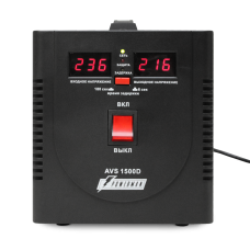 Стабилизатор POWERMAN AVS 1500D, черный, ступенчатый регулятор, цифровые индикаторы уровней напряжения, 1500ВА, 140-260В, максимальный входной ток 10А, 2 евророзетки, IP-20, напольный,  200мм х 160мм х 190мм, 4 кг./ Stabilizer POWERMAN AVS 1500D, black, s