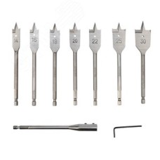 Набор сверл перовых по дереву 9 предметов: 14-16-18-20-22-25-30х152 мм, удлинитель, ключ угловой, REXANT