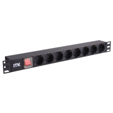 PDU 8 розеток нем. стандарт, с LED выключателем,1U, без шнура, вх. C14, алюминиевый профиль