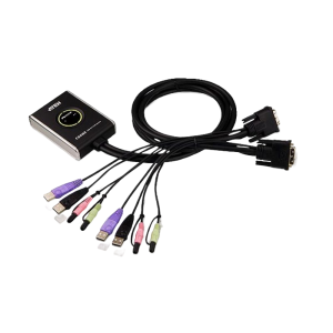 2-портовый KVM-переключатель со встроенными KVM кабелями 2х(1,2м), 1 user DVI-D(Female)+ 2хUSB(Тип А(Female)) +2хАудио(Female) <-> 2 cpu DVI-D(Male)+2хUSB(Тип А(Male))+2хАудио(Male), настольный, некаскад., не требуется внешнее питание/ PETITE 2 PORT DVI C