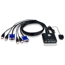 Переключатель, электрон., KVM,  1 user USB+VGA =>  2 cpu USB+VGA, со встр.шнурами USB 2x0.9м., 2048x1536, настол., исп.стандарт.шнуры, без OSD, некаскад., (переключение между портами только выносной кнопкой!)/ 2 PORT USB KVM SWITCH