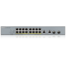 Коммутатор/ ZYXEL GS1350-18HP L2 PoE + switch for IP cameras, 16xGE PoE +, 2xCombo (SFP / RJ-45), PoE budget 250 W, power transmission distance up to 250 m, auto-reloading of PoE ports, increased protection against overvoltage and electrostatic discharges