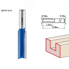 Фреза пазовая прямая 16x51мм, хвостовик 12мм, удлиненная
