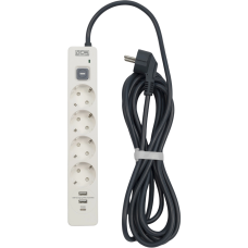 Сетевой фильтр-удлинитель/ PowerCom SP-01 USB2A1CW 3.0M, 4 розетки, белый, 16А, 4кВт, 380Дж, защитные шторки, защита от КЗ, перегрузки, ВЧ и импульсных помех, один порт USB-C(PD20W) и два USB-A(QC3.0) суммарной мощностью 24Вт, кабель 3x1.5 мм2, ШхГхВ 281х