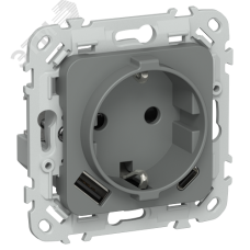 FLITE Розетка 1-местная с заземлением с защитными шторками 16А с USB A+C 20Вт безвинтовое крепление РСЮшс11-1-ФлМА мокрый асфальт IEK