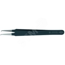 Пинцет ESD захватный прецизионный гладкие изогнутые губки под 45° для техники напайки компонентов поверхностного монтажа на печатную плату без сверления отверстий антистатический L-120 мм нержавеющая хромоникелевая сталь хромированный